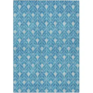 Photo of Teal Blue And Ivory Geometric Washable Indoor Outdoor Area Rug