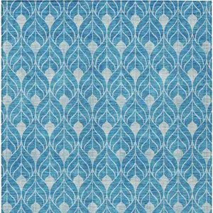Photo of Teal Blue And Ivory Geometric Washable Indoor Outdoor Area Rug