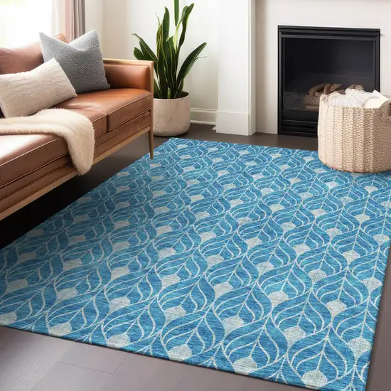 Teal Blue And Ivory Geometric Washable Indoor Outdoor Area Rug Photo 8