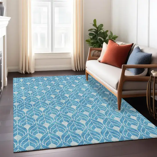 Teal Blue And Ivory Geometric Washable Indoor Outdoor Area Rug Photo 9