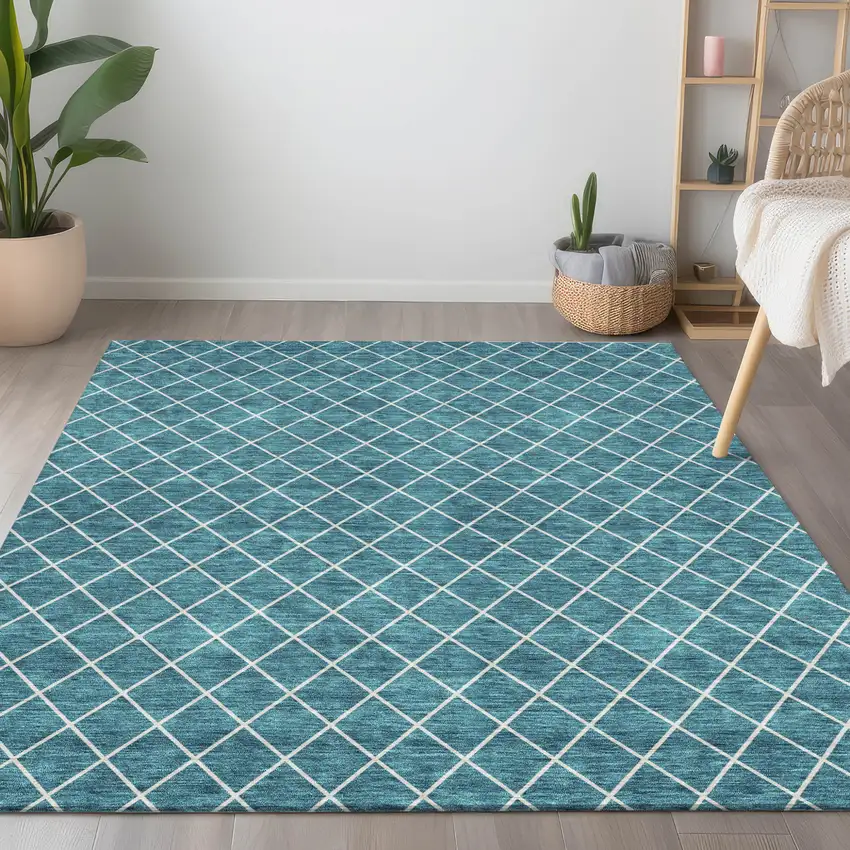 Teal Blue And Ivory Geometric Washable Indoor Outdoor Area Rug Photo 9