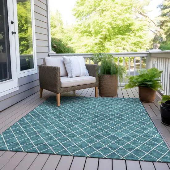 Teal Blue And Ivory Geometric Washable Indoor Outdoor Area Rug Photo 8