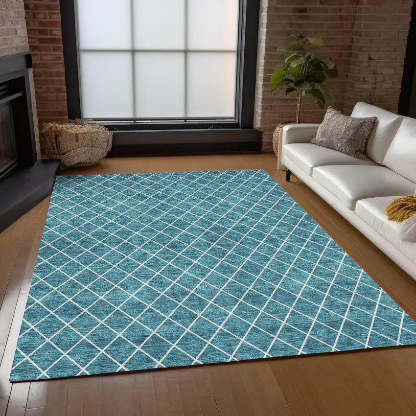 Teal Blue And Ivory Geometric Washable Indoor Outdoor Area Rug Photo 9