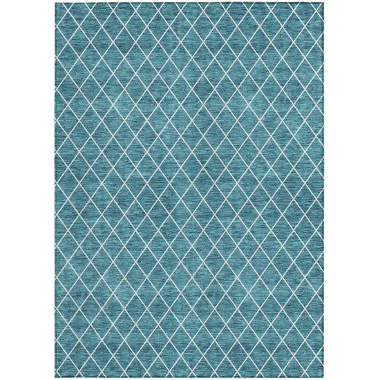 Teal Blue And Ivory Geometric Washable Indoor Outdoor Area Rug Photo 6