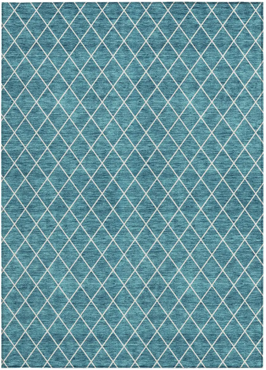 Teal Blue And Ivory Geometric Washable Indoor Outdoor Area Rug Photo 6