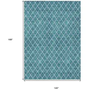 Photo of Teal Blue And Ivory Geometric Washable Indoor Outdoor Area Rug