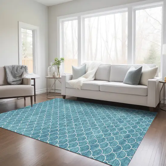 Teal Blue And Ivory Geometric Washable Indoor Outdoor Area Rug Photo 9
