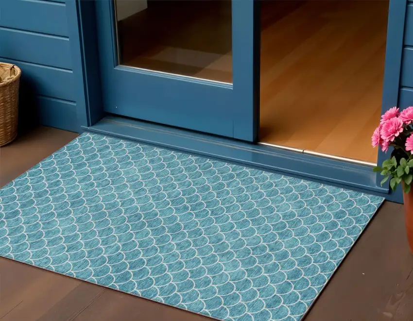 Teal Blue And Ivory Geometric Washable Indoor Outdoor Area Rug Photo 1