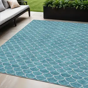 Photo of Teal Blue And Ivory Geometric Washable Indoor Outdoor Area Rug