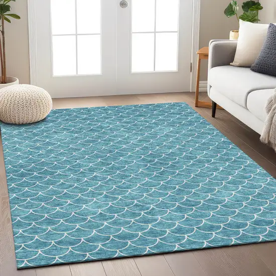 Teal Blue And Ivory Geometric Washable Indoor Outdoor Area Rug Photo 9