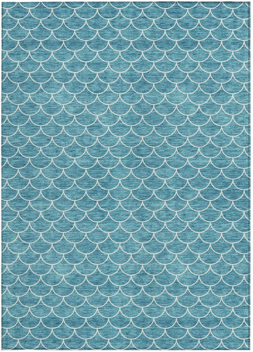 Teal Blue And Ivory Geometric Washable Indoor Outdoor Area Rug Photo 7