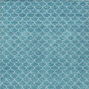 Photo of Teal Blue And Ivory Geometric Washable Indoor Outdoor Area Rug