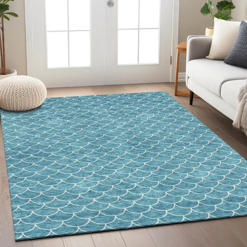 Teal Blue And Ivory Geometric Washable Indoor Outdoor Area Rug Photo 9