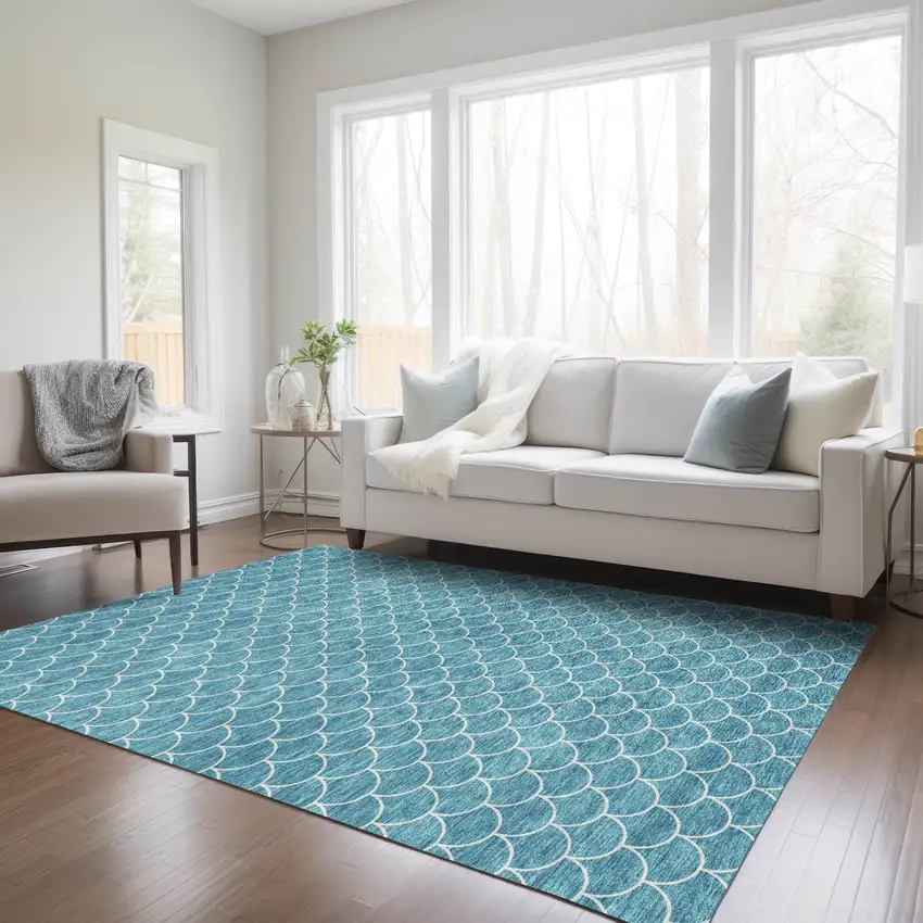 Teal Blue And Ivory Geometric Washable Indoor Outdoor Area Rug Photo 9