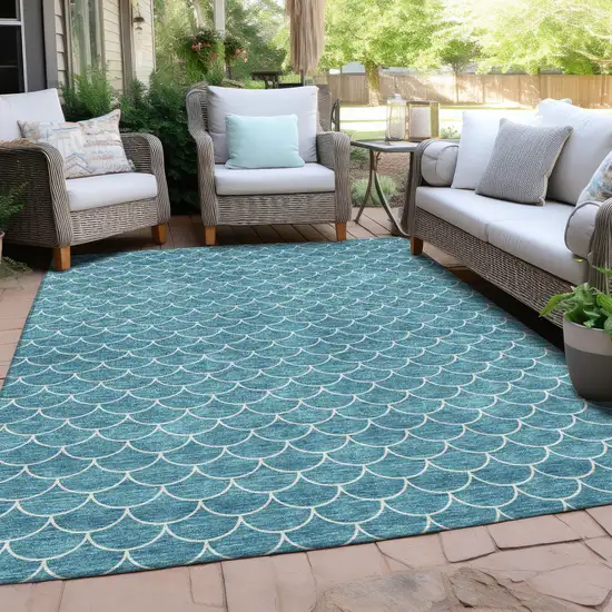 Teal Blue And Ivory Geometric Washable Indoor Outdoor Area Rug Photo 8