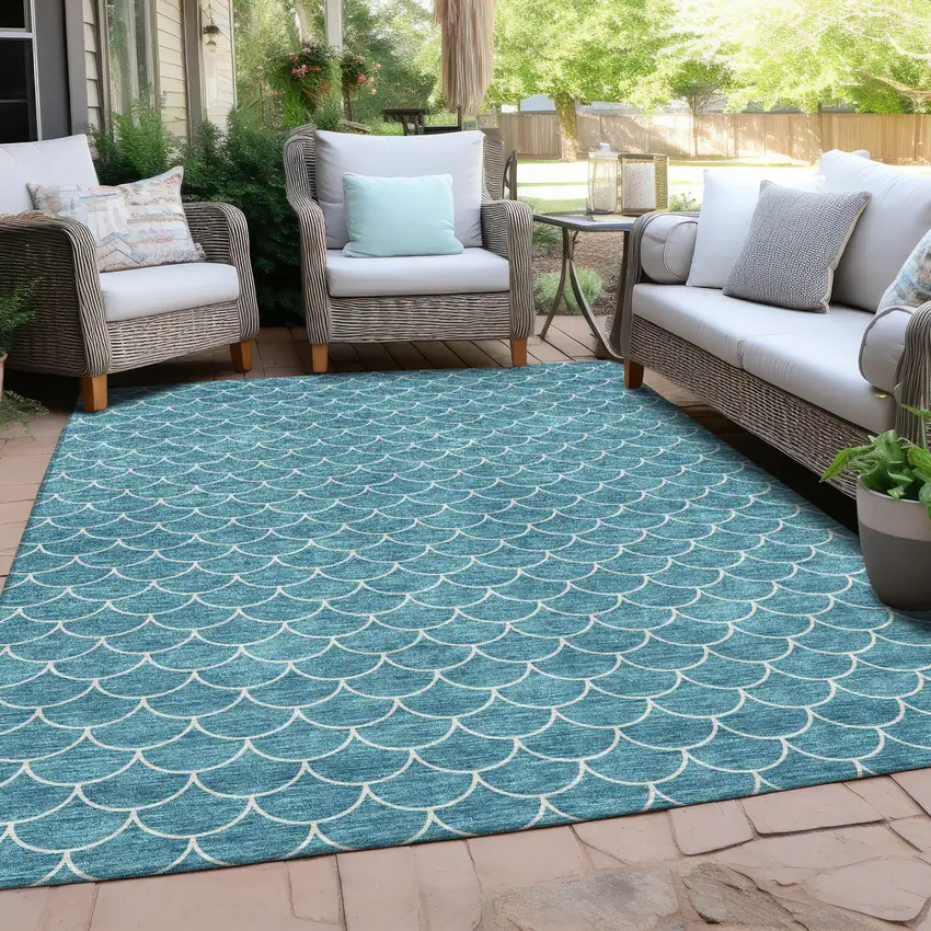 Teal Blue And Ivory Geometric Washable Indoor Outdoor Area Rug Photo 8