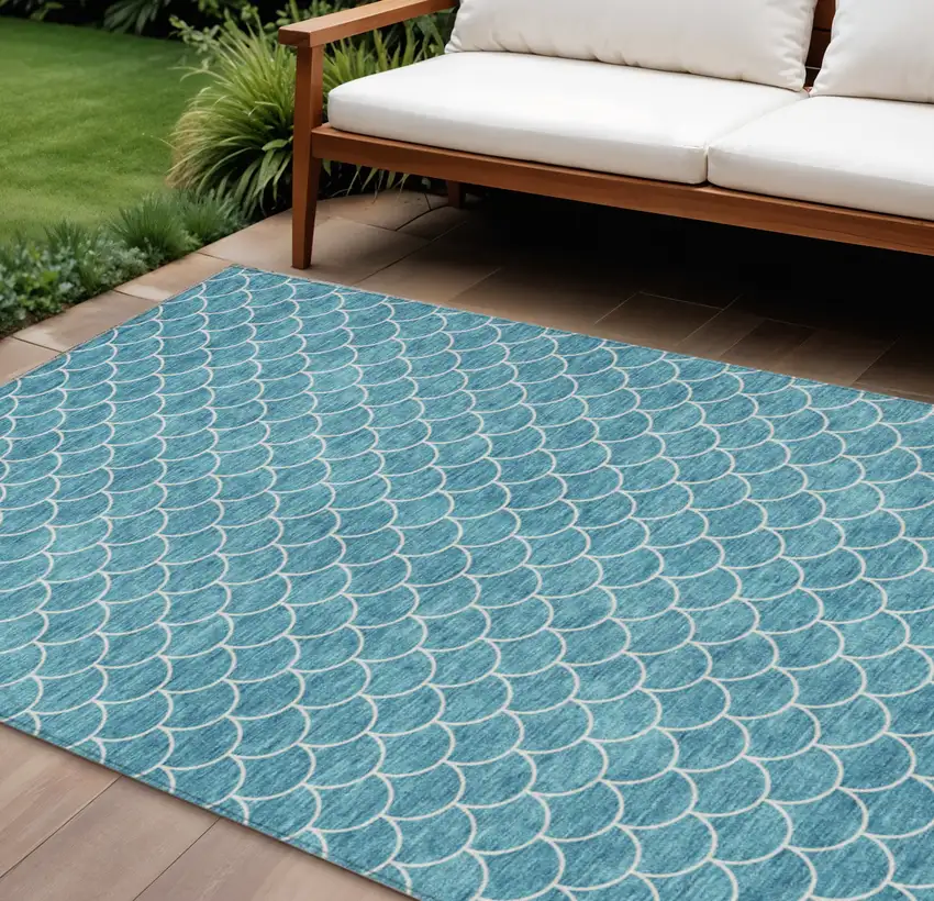 Teal Blue And Ivory Geometric Washable Indoor Outdoor Area Rug Photo 1