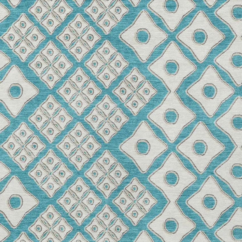 Teal Blue And Ivory Geometric Washable Indoor Outdoor Area Rug Photo 6