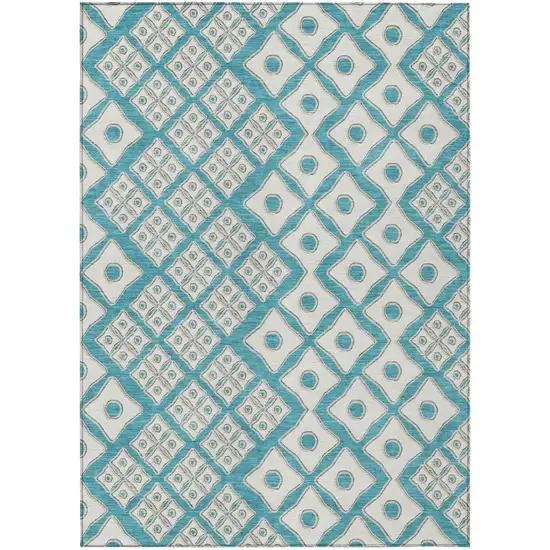 Teal Blue And Ivory Geometric Washable Indoor Outdoor Area Rug Photo 2