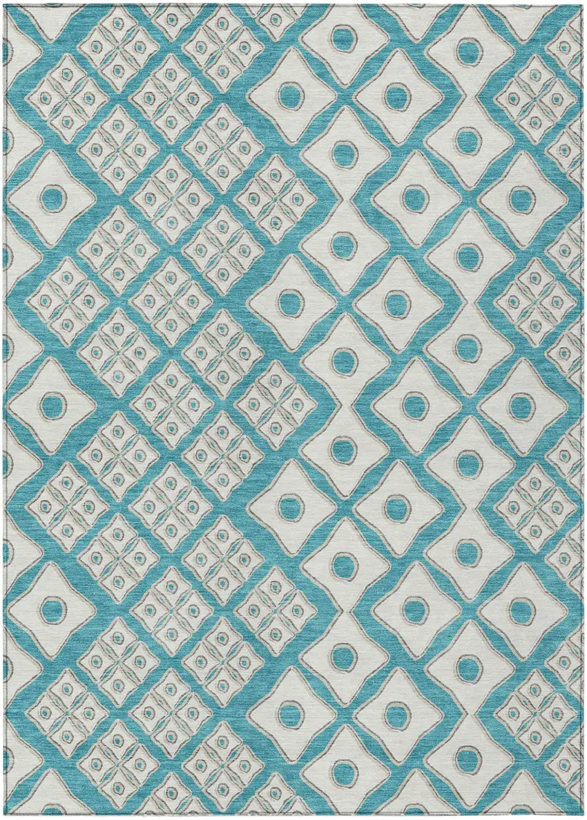 Teal Blue And Ivory Geometric Washable Indoor Outdoor Area Rug Photo 2