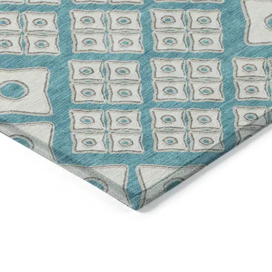 Teal Blue And Ivory Geometric Washable Indoor Outdoor Area Rug Photo 5