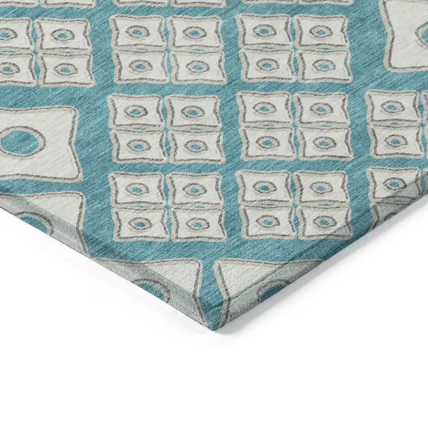 Teal Blue And Ivory Geometric Washable Indoor Outdoor Area Rug Photo 5