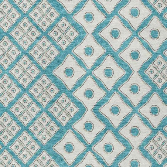 Teal Blue And Ivory Geometric Washable Indoor Outdoor Area Rug Photo 6