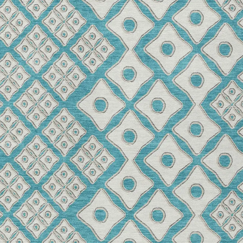 Teal Blue And Ivory Geometric Washable Indoor Outdoor Area Rug Photo 6