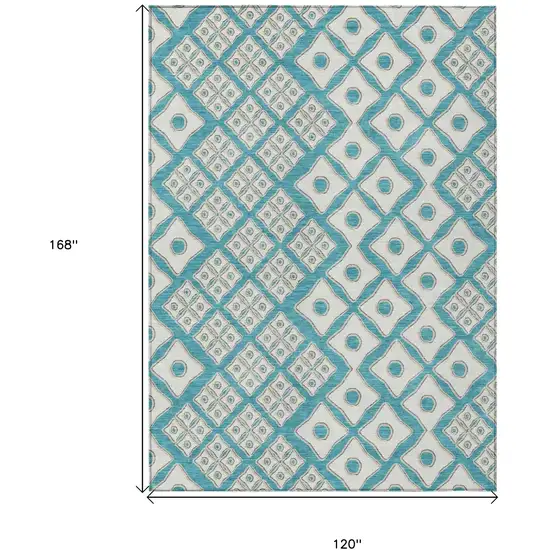 Teal Blue And Ivory Geometric Washable Indoor Outdoor Area Rug Photo 3