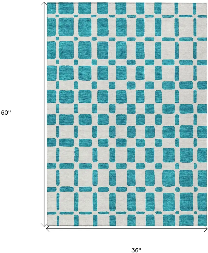 Teal Blue And Ivory Geometric Washable Indoor Outdoor Area Rug Photo 3