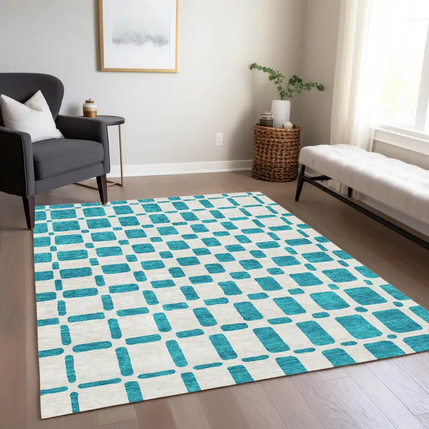 Teal Blue And Ivory Geometric Washable Indoor Outdoor Area Rug Photo 9