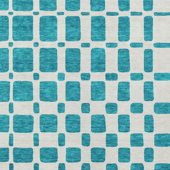 Teal Blue And Ivory Geometric Washable Indoor Outdoor Area Rug Photo 6