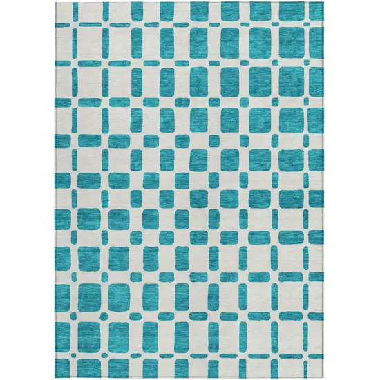 Teal Blue And Ivory Geometric Washable Indoor Outdoor Area Rug Photo 7