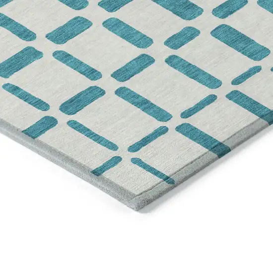 Teal Blue And Ivory Geometric Washable Indoor Outdoor Area Rug Photo 5