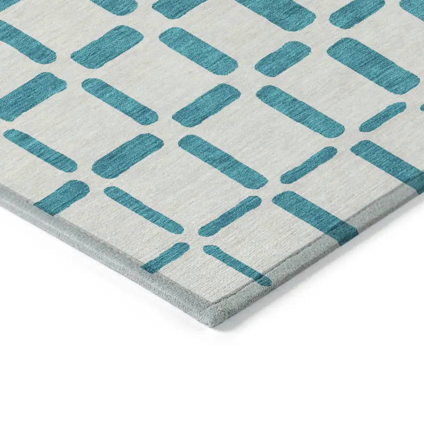 Teal Blue And Ivory Geometric Washable Indoor Outdoor Area Rug Photo 5