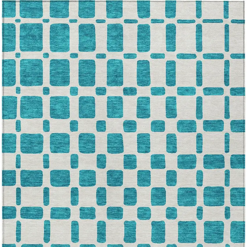 Teal Blue And Ivory Geometric Washable Indoor Outdoor Area Rug Photo 6