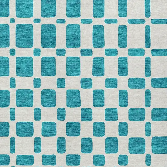 Teal Blue And Ivory Geometric Washable Indoor Outdoor Area Rug Photo 6