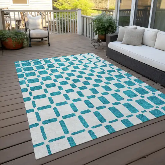 Teal Blue And Ivory Geometric Washable Indoor Outdoor Area Rug Photo 8