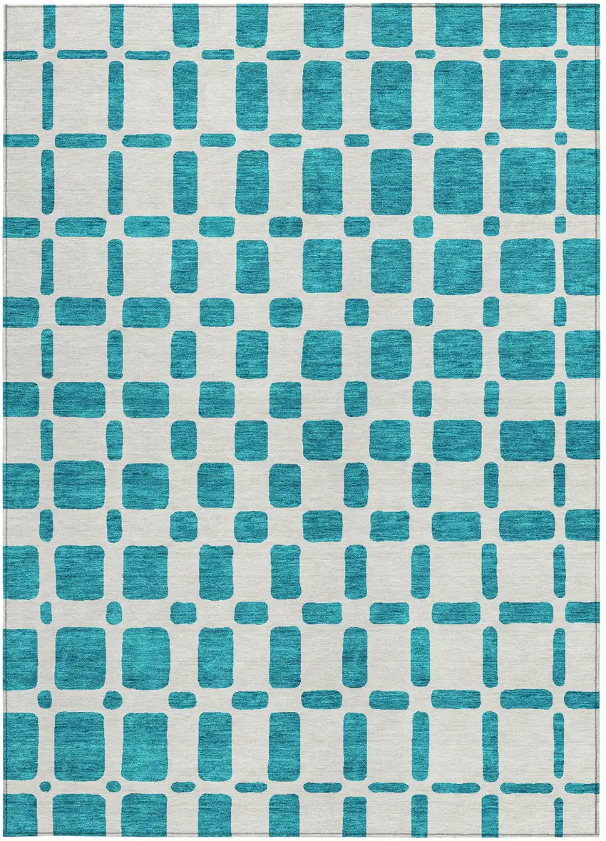Teal Blue And Ivory Geometric Washable Indoor Outdoor Area Rug Photo 7