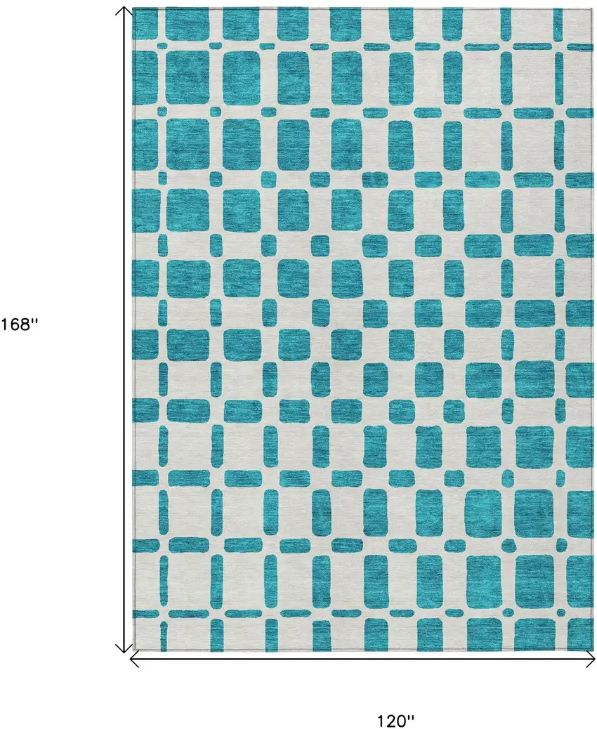 Teal Blue And Ivory Geometric Washable Indoor Outdoor Area Rug Photo 3