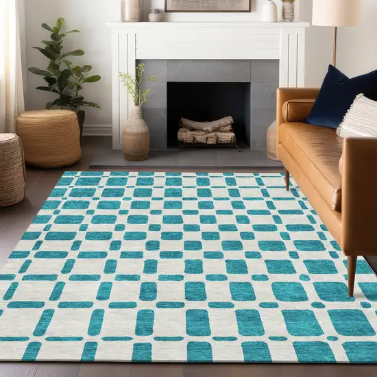 Teal Blue And Ivory Geometric Washable Indoor Outdoor Area Rug Photo 9