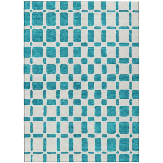 Teal Blue And Ivory Geometric Washable Indoor Outdoor Area Rug Photo 2