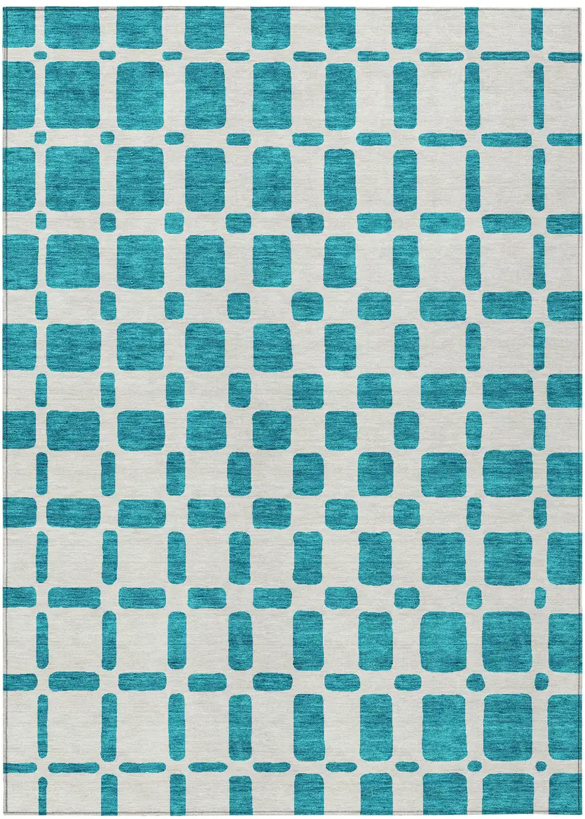 Teal Blue And Ivory Geometric Washable Indoor Outdoor Area Rug Photo 2