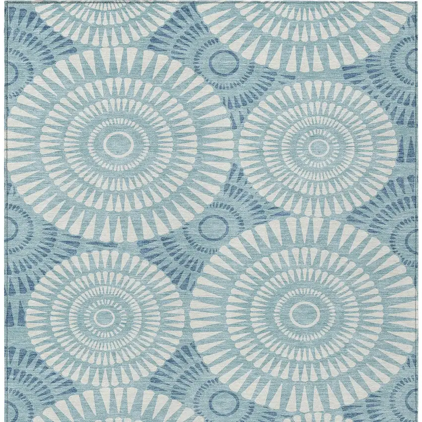 Teal Blue And Ivory Geometric Washable Indoor Outdoor Area Rug Photo 7