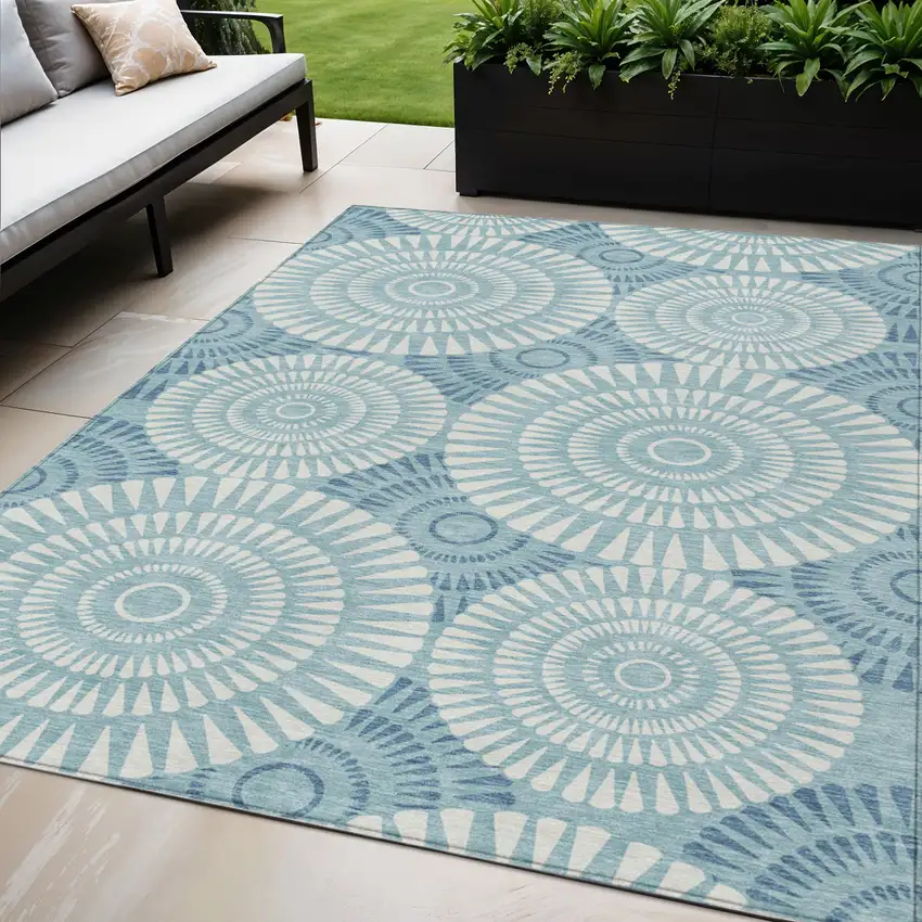 Teal Blue And Ivory Geometric Washable Indoor Outdoor Area Rug Photo 1