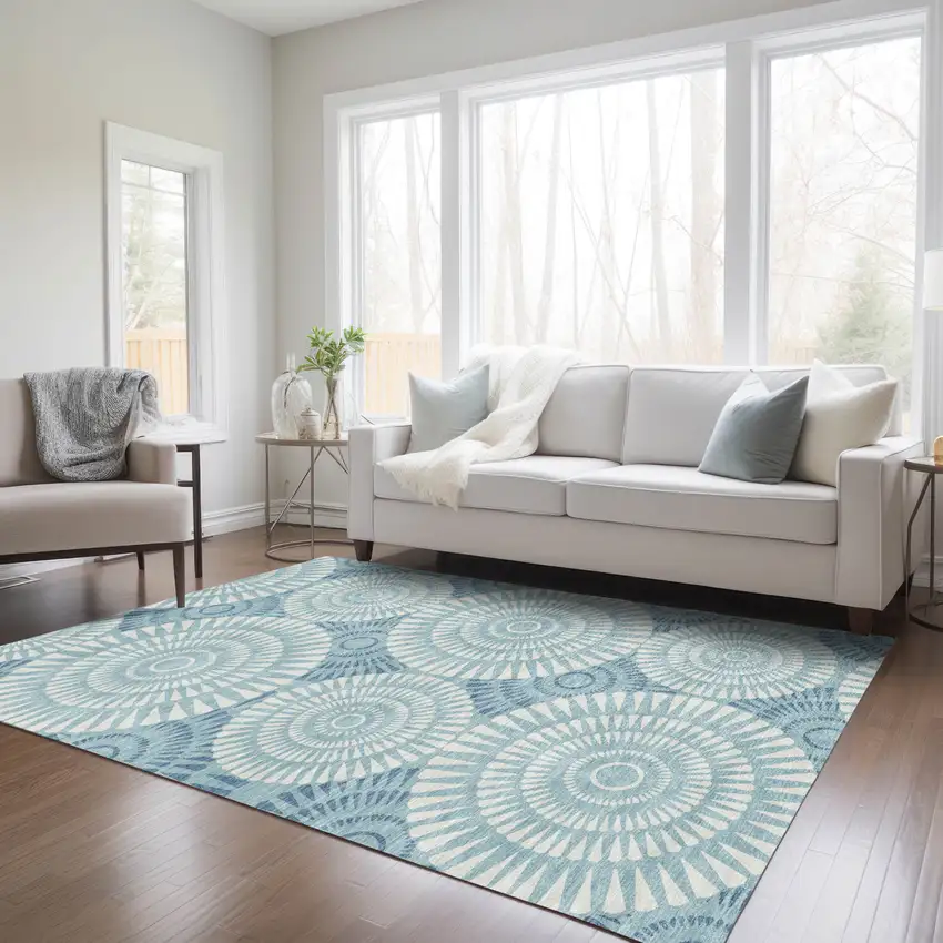 Teal Blue And Ivory Geometric Washable Indoor Outdoor Area Rug Photo 9