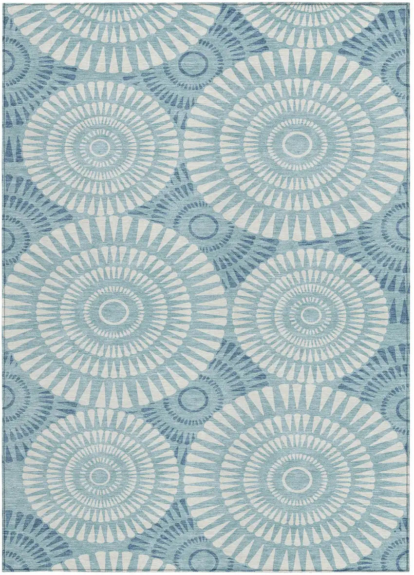 Teal Blue And Ivory Geometric Washable Indoor Outdoor Area Rug Photo 7