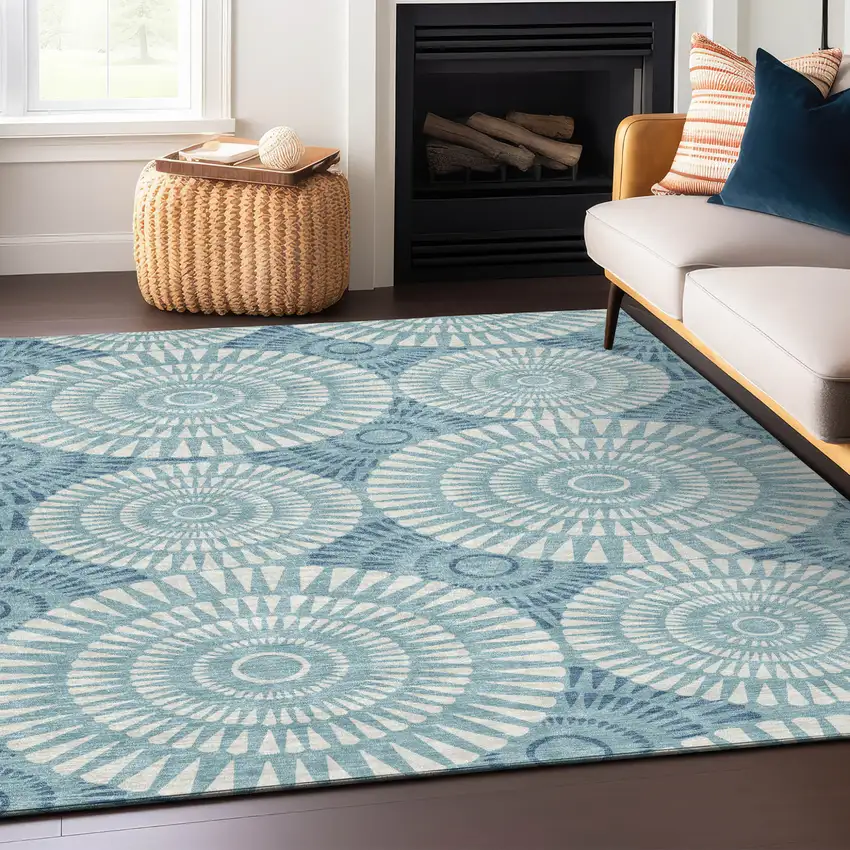 Teal Blue And Ivory Geometric Washable Indoor Outdoor Area Rug Photo 9