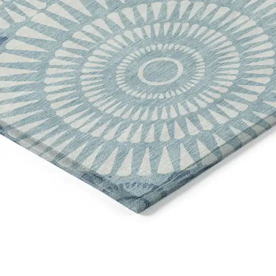 Teal Blue And Ivory Geometric Washable Indoor Outdoor Area Rug Photo 5