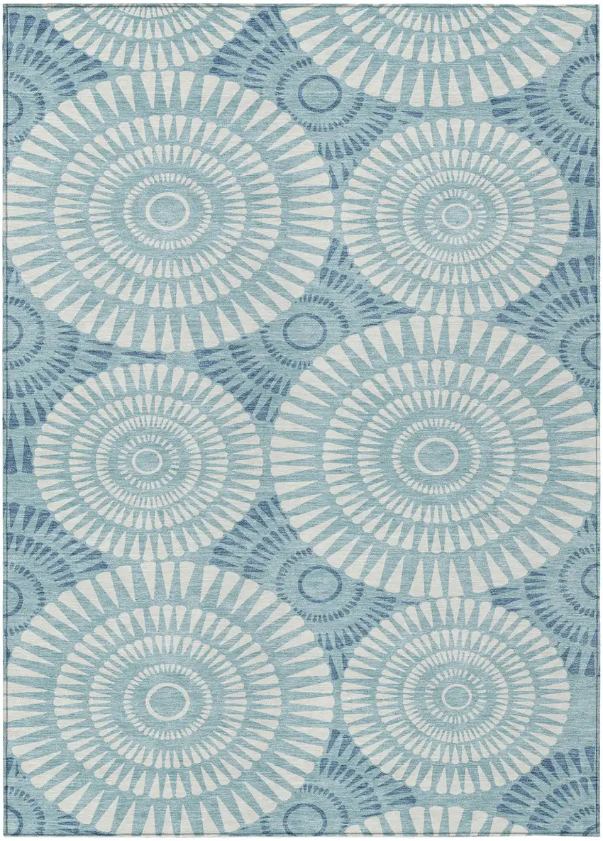 Teal Blue And Ivory Geometric Washable Indoor Outdoor Area Rug Photo 2